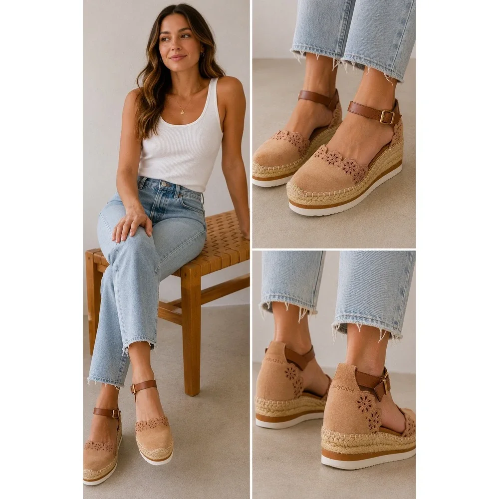 See By Chloe Glyn Suede Scalloped Espadrille Platform Ankle Strap Sandals Tan 36